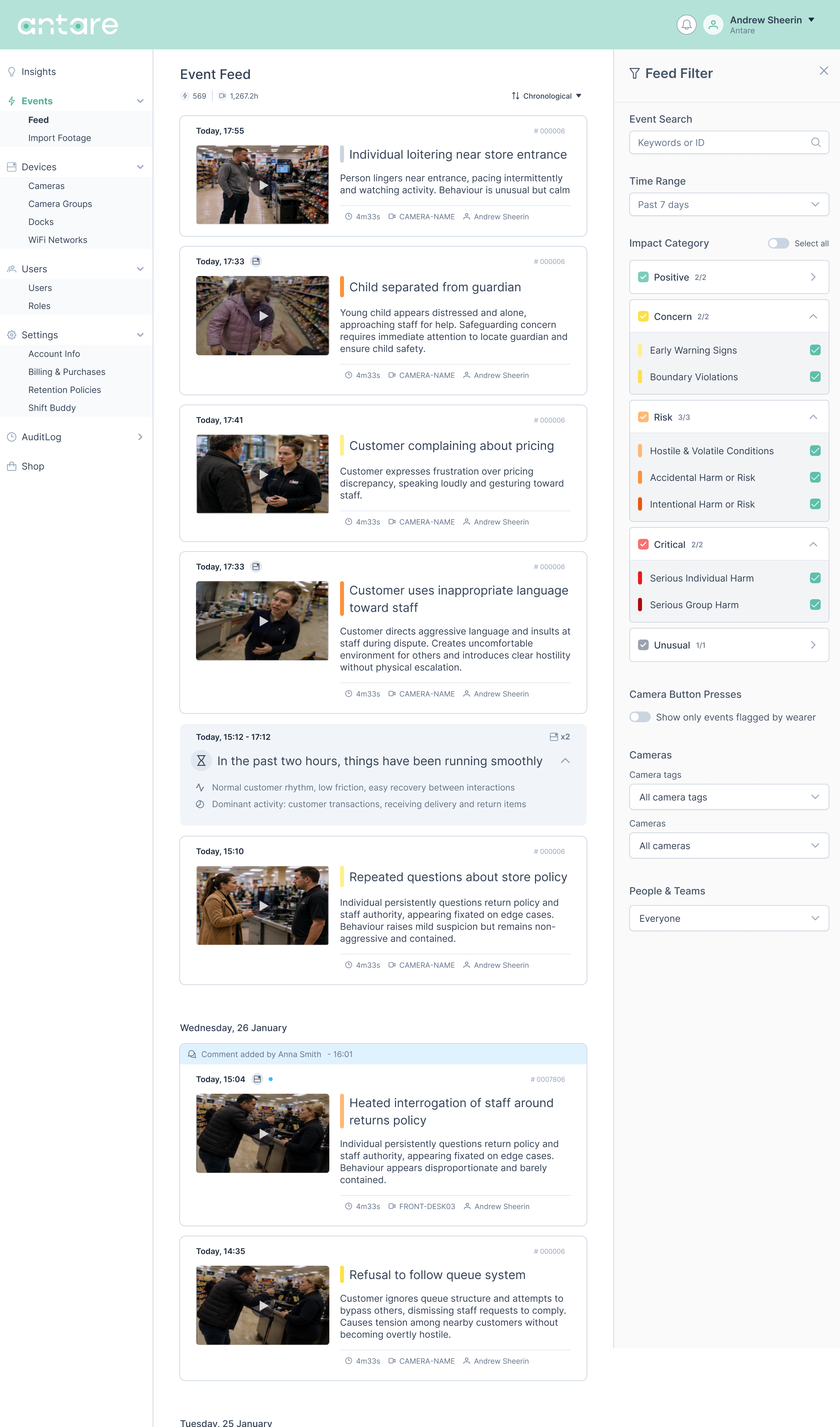 Antare events feed showing stacked event cards in context