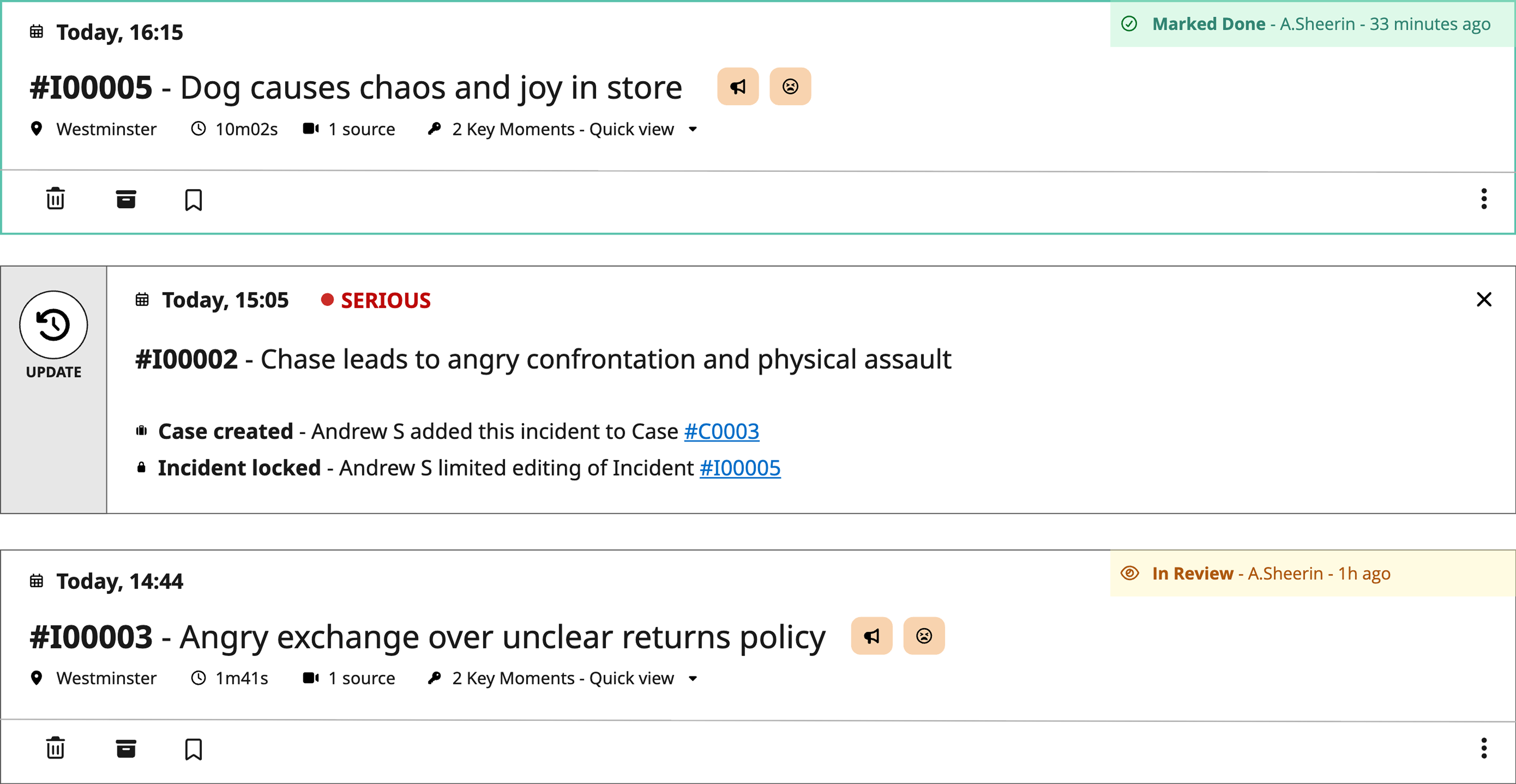 Early event card wireframes mapping title, categorisation, impact, workflow, activity and metadata