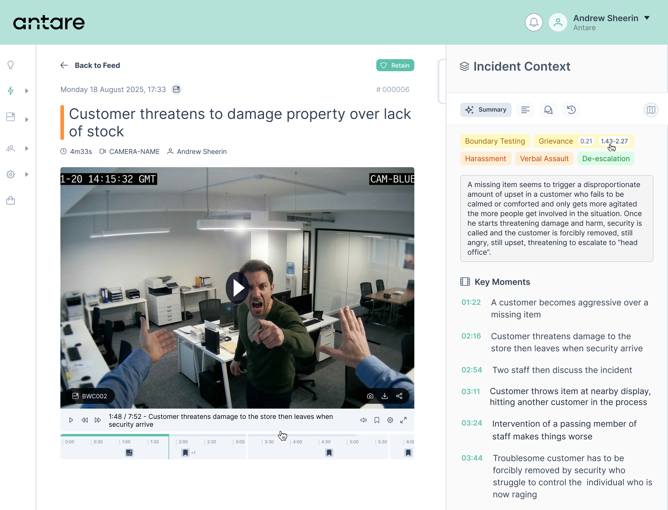 Incident detail page with key moments timeline highlighted