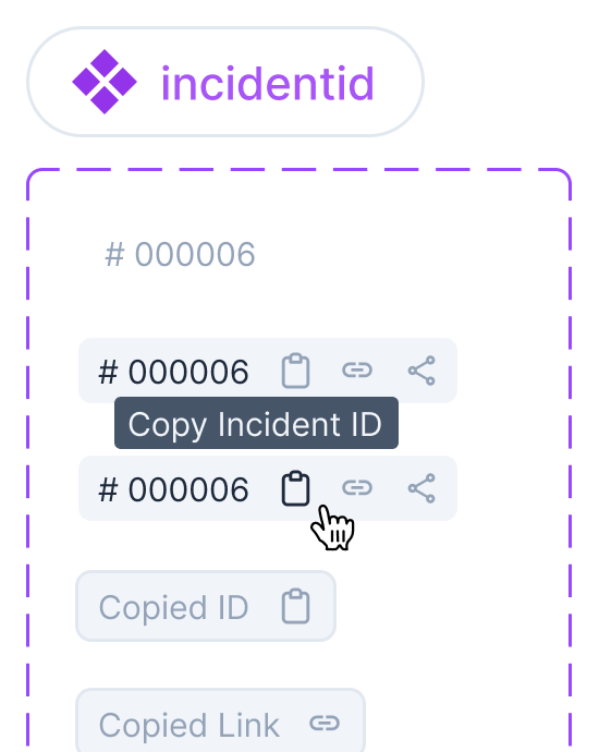 Five-state interaction with 3 jobs for incident ID copy: idle, hover, press, copied, return