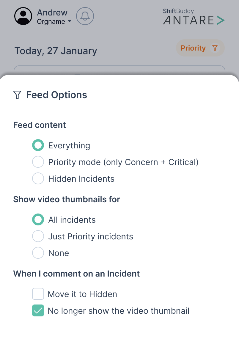Guest feed options controlling whether commented events show video thumbnails