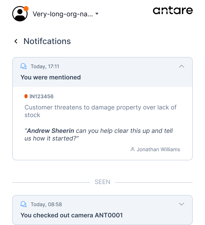 Supervisor notifications using portable event card fragments
