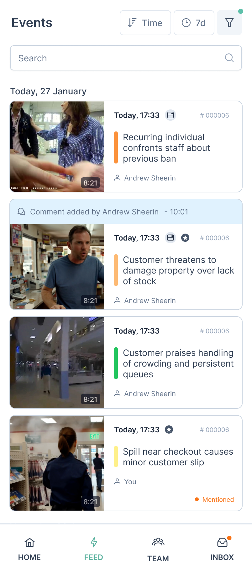 Supervisor mobile feed with events from multiple users