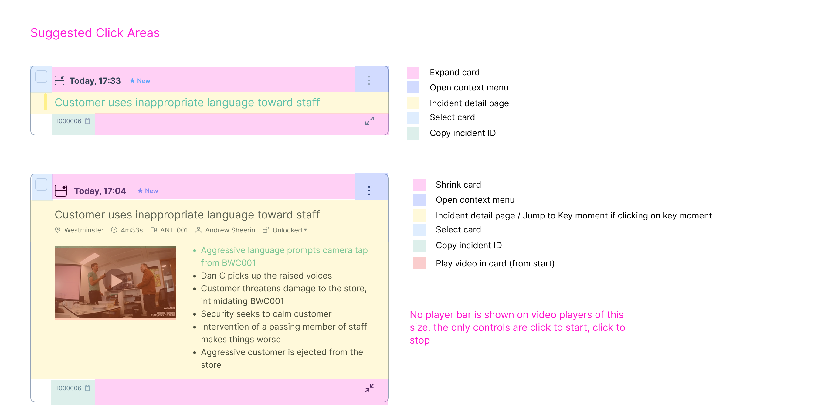 Colour-coded suggested click areas on the same contracted card and its expanded state