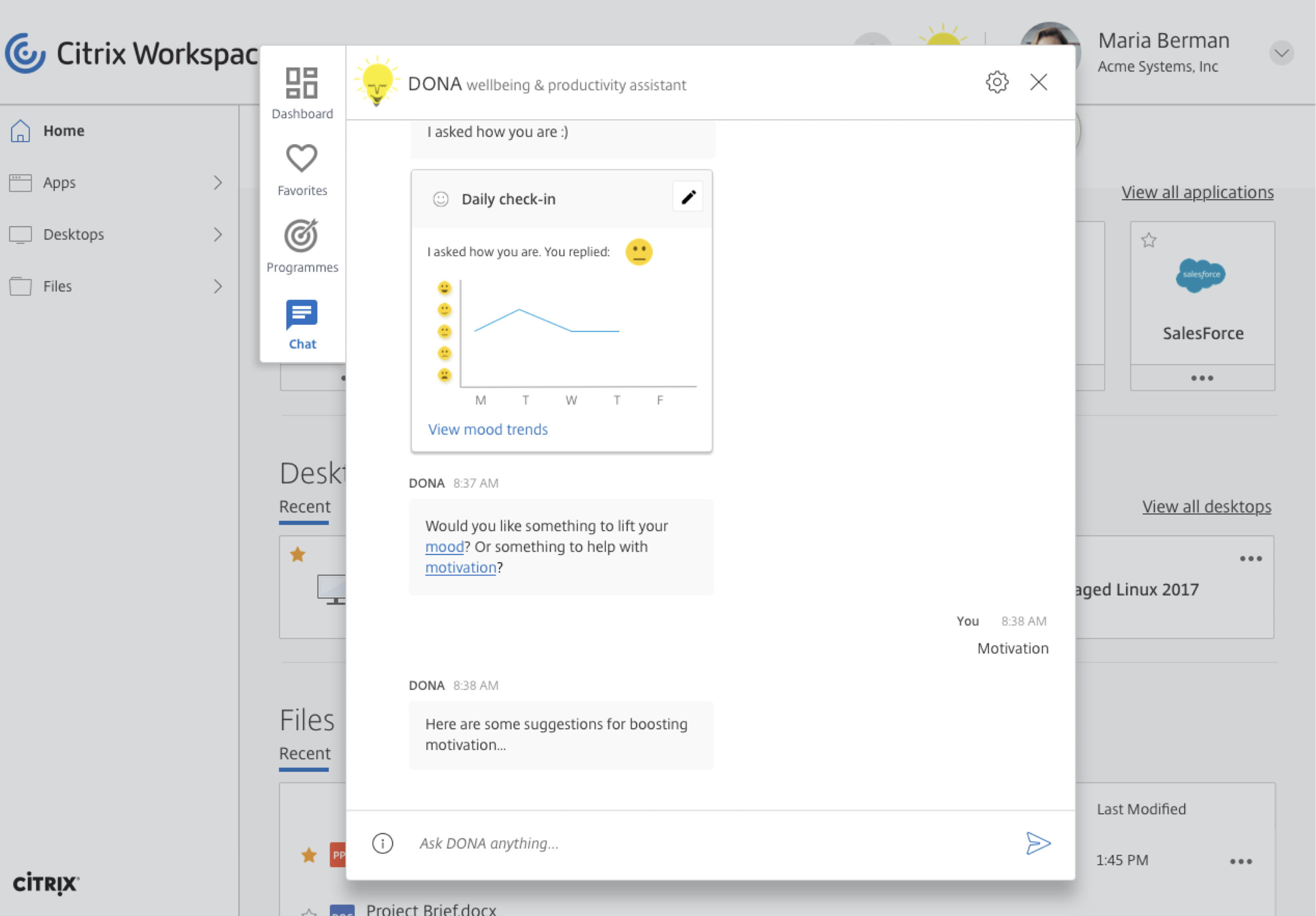 DONA chat interface for a deeper conversation about recommendations after the check-in