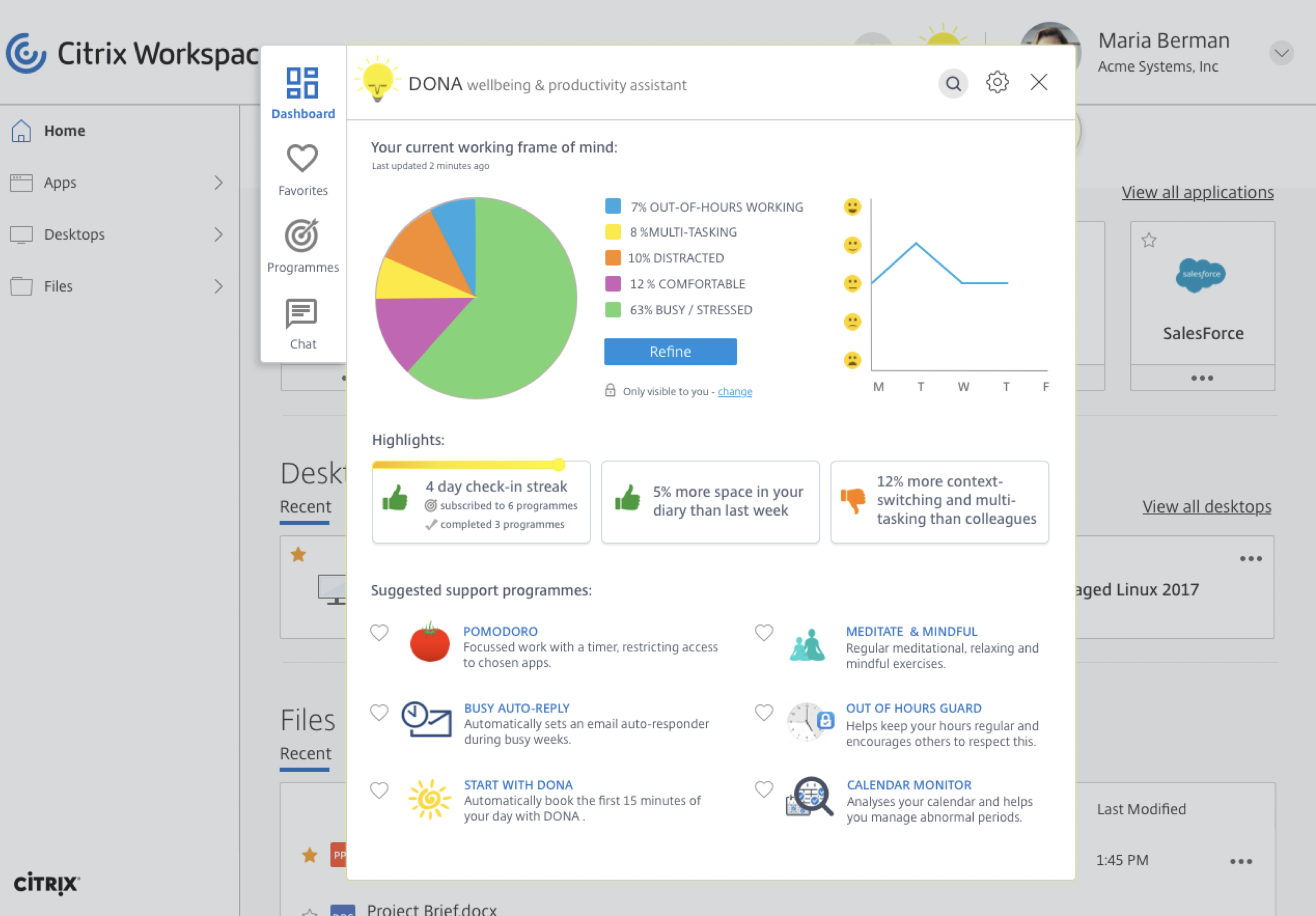 DONA north star concept showing a frame-of-mind dashboard with wellbeing programme suggestions