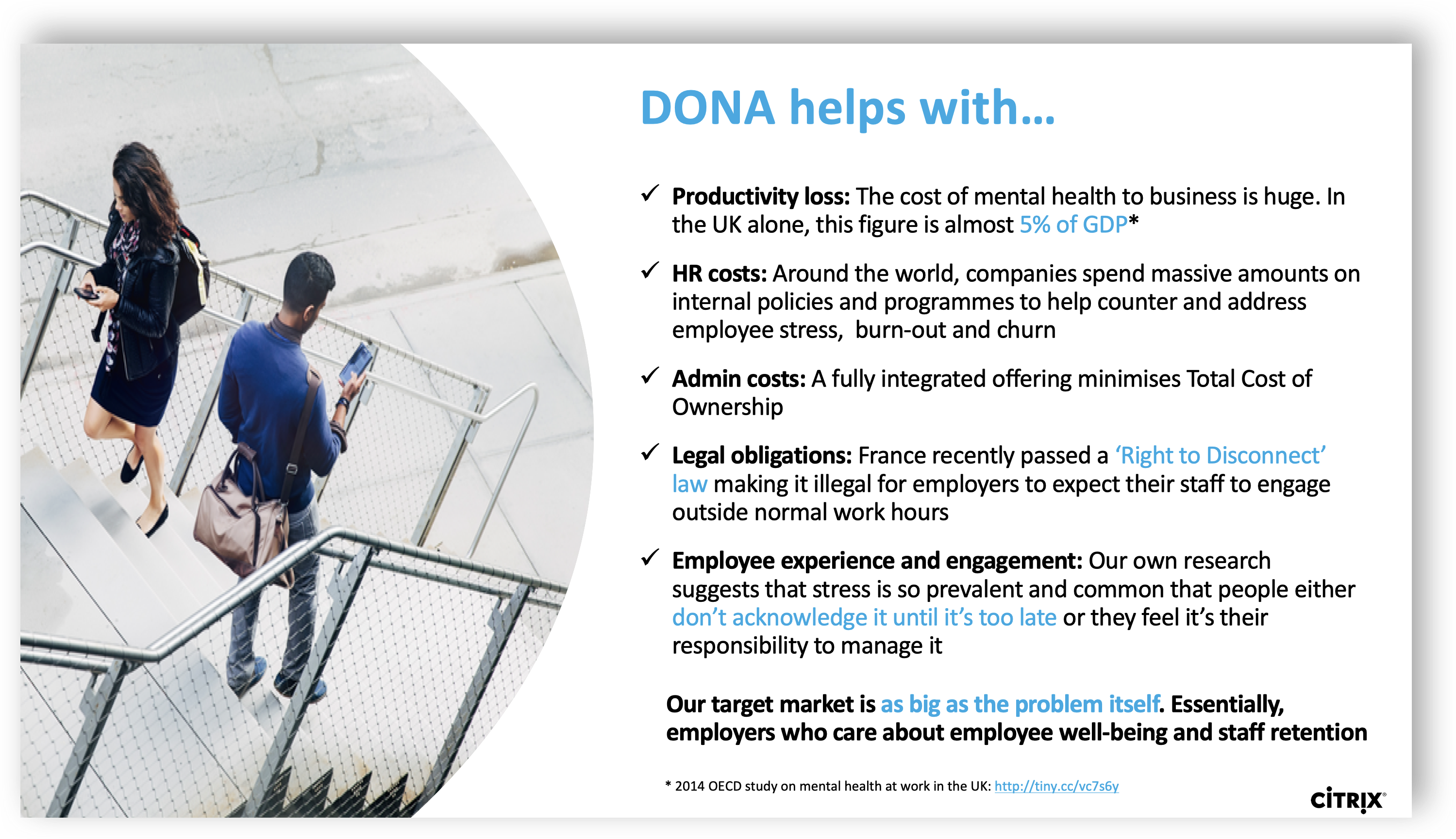 Sales enablement slide outlining DONA talking points, figures and market opportunity
