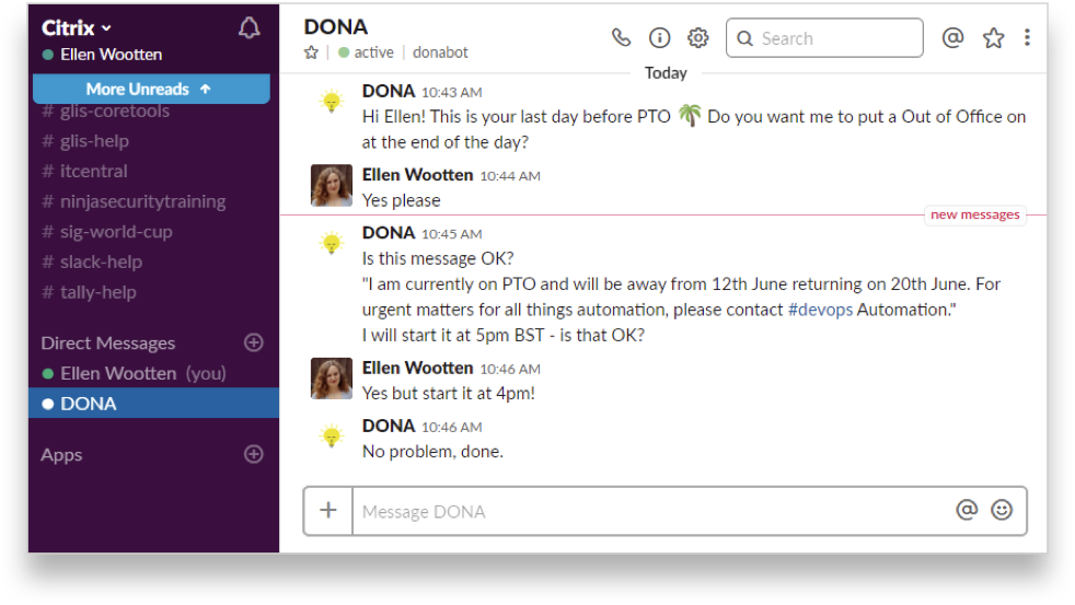Slack messages showing the Wizard-of-Oz wellbeing and productivity assistant in conversation with participants