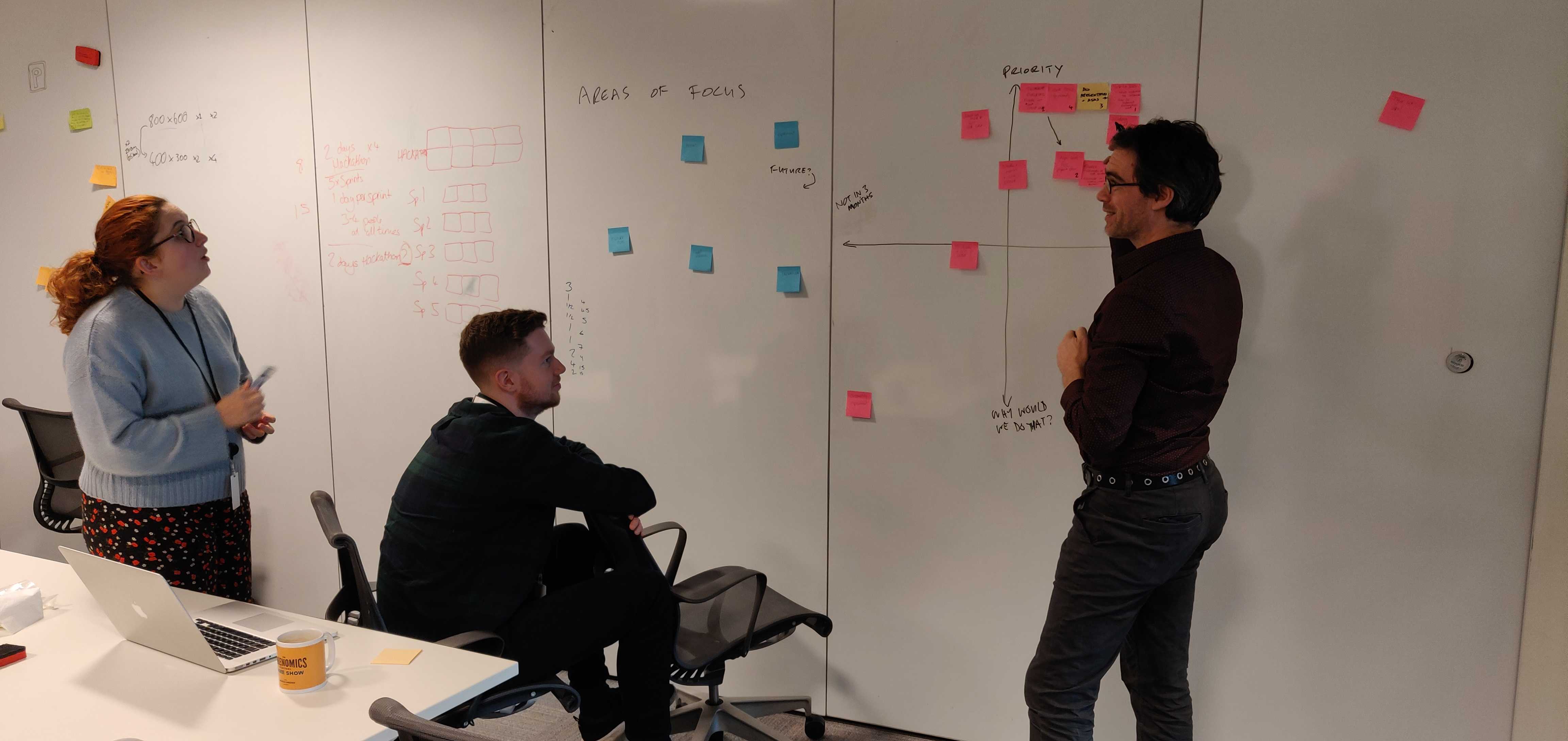 Andrew and the DONA team workshopping early ideas around a table covered in sketches and sticky notes