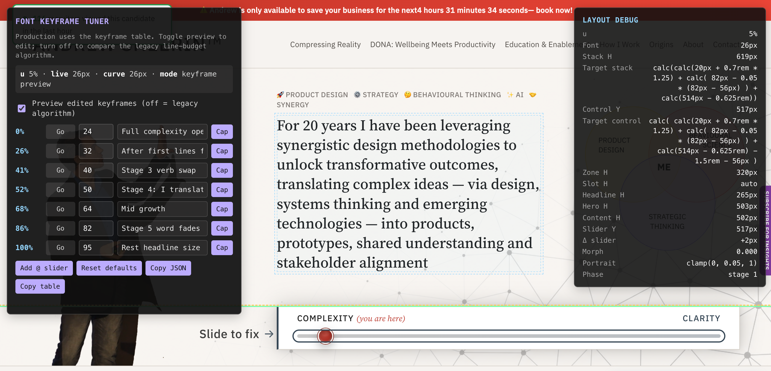 Font keyframe tuner for homepage headline motion